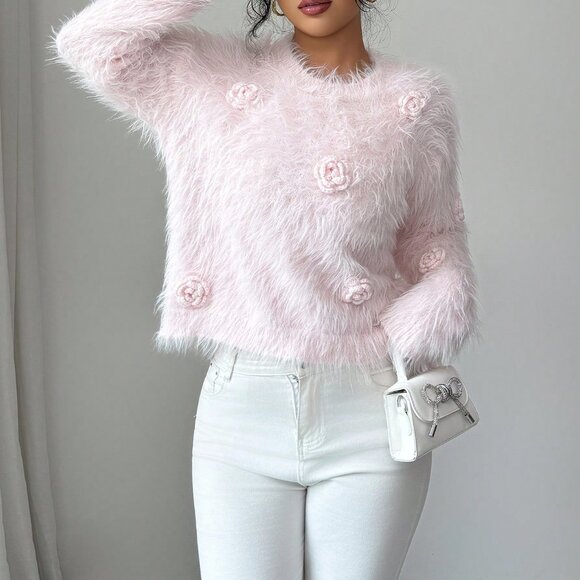 Pink Casual Elegant Women's Faux Mink Fluffy 3d Rose Flower Long Fur Sweater - Picture 5 of 8